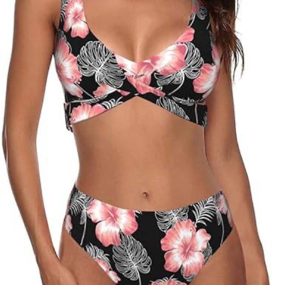 NWOT - GONGTAOMO - Women's V Neck High Waisted Bikini Set - Floral Black